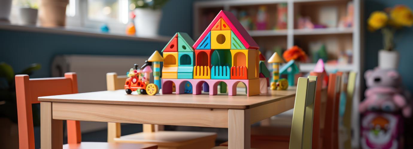children's room with toys on a wooden table