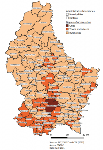 The population density is highest in the cities of Luxembourg and Esch-sur-Alzette, with respectively 2 419.5 and 2 524.6 inhabitants per km2 in 2021. The surrounding areas may be suburban or rural, or smaller cities. The STATEC map on municipalities' degree of urbanisation (see below) shows that high and medium density areas are mainly located in the centre and the South of the country.