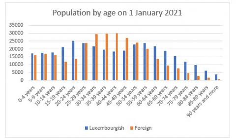 Population by age - Largest proportion lies between the ages 29 an 64.