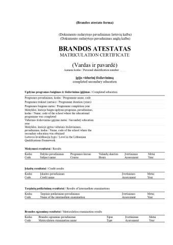 Bilingual Matriculation Certificate form 