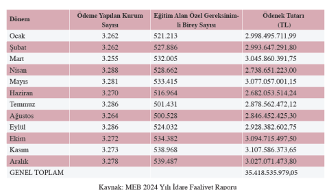 Tablo 8: 2024 Yılı Özel Eğitim Ödemeleri Tablo 8: 2024 Yılı Özel Eğitim Ödemeleri