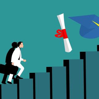 illustration of a person going up the stairs to reach a diploma