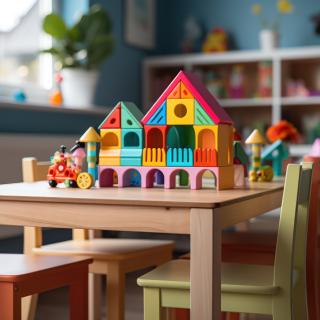 children's room with toys on a wooden table